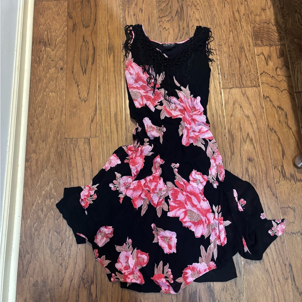 Vintage Whimsigoth Boho Fairycore Black Floral Fringe Chiffon Dress Beaded - Picture 1 of 15